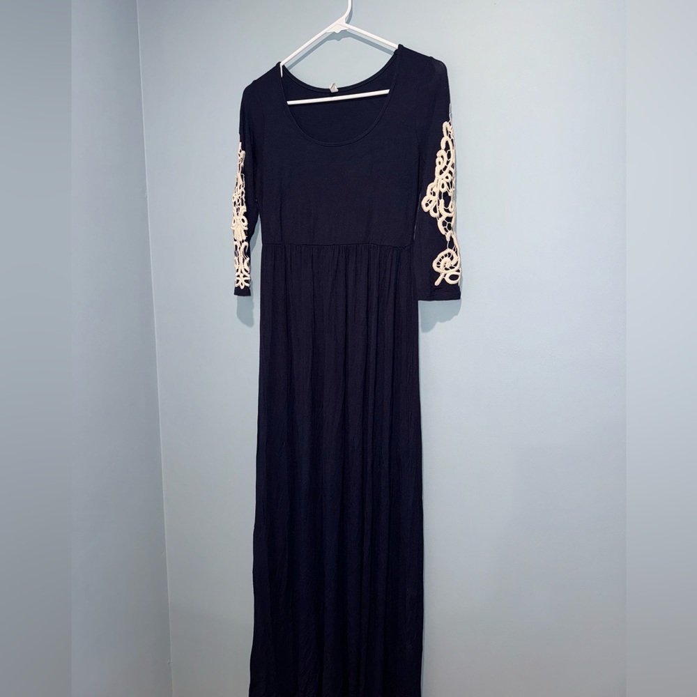 Pink blush maternity maxi dress (navy and white crochet on quarter sleeves)